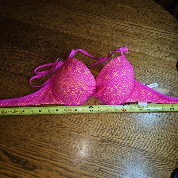 NWOT BONGO Junior M Bikini Top “Coachella Cool” Pink/Orange Crochet Halter Swim - Picture 1 of 6